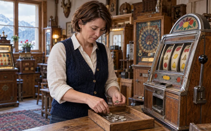 Casino mit 1 Euro Einzahlung: Erwachsene ordnet ein kleines Münzbudget vor einem historischen Spielgerät
