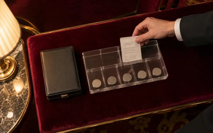 Kleine Casinoeinzahlung: Spielchips und verdeckter Beleg in einer transparenten Ablage