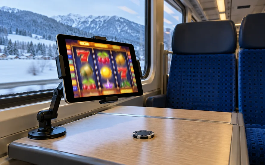 PlatinCasino App: Tablet mit unscharfen Slotwalzen auf einer Halterung im leeren Zugabteil.