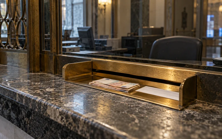 PlatinCasino Auszahlung: Leeres fiktives Kassenfenster mit Beleg und Geldscheinen ohne lesbare Werte.