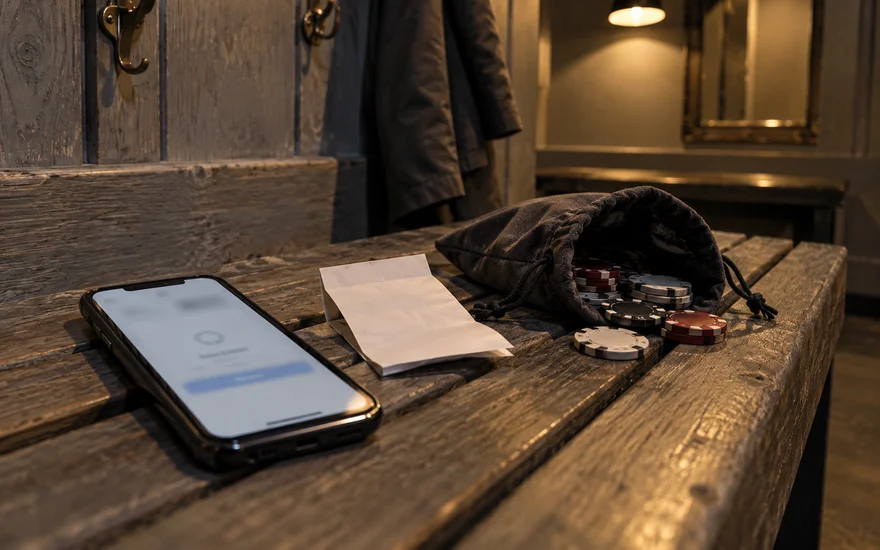 PlatinCasino Auszahlung: Telefon, gefalteter Beleg und Chipbeutel auf einer Garderobenbank.