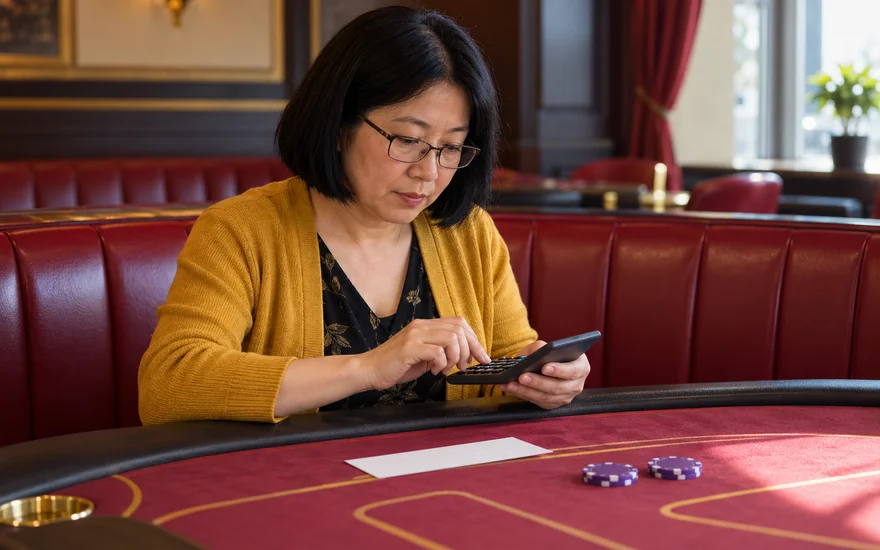 PlatinCasino Bonus: Erwachsene Frau benutzt einen Taschenrechner neben Gutschein und Spielchips.