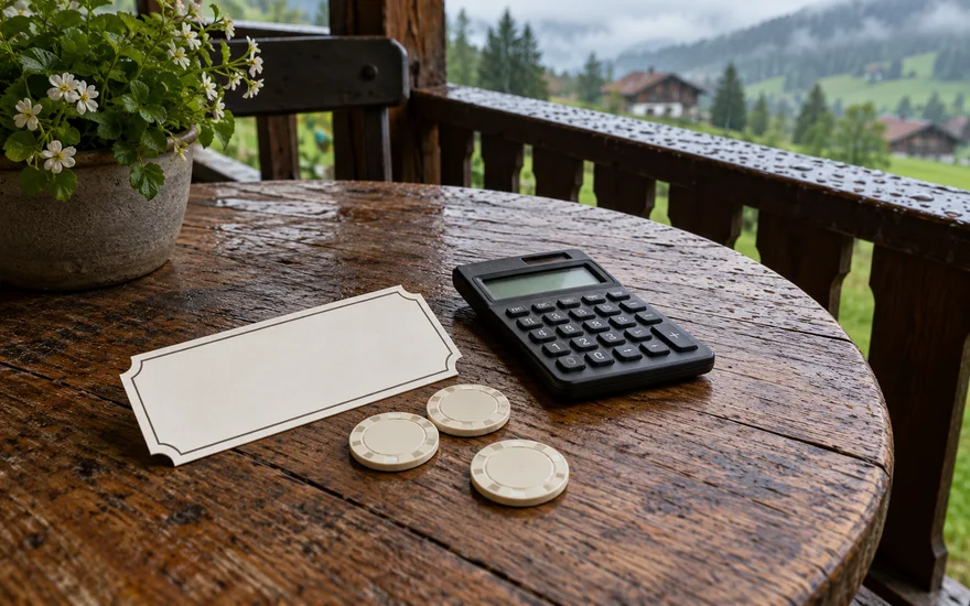 PlatinCasino Bonus: Unbedruckter Coupon, Taschenrechner und Spielchips auf einem regennassen Terrassentisch.