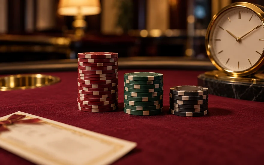 PlatinCasino Bonusbedingungen: Drei Chipsäulen, Uhr und unscharfer Coupon auf bordeauxfarbenem Filz.