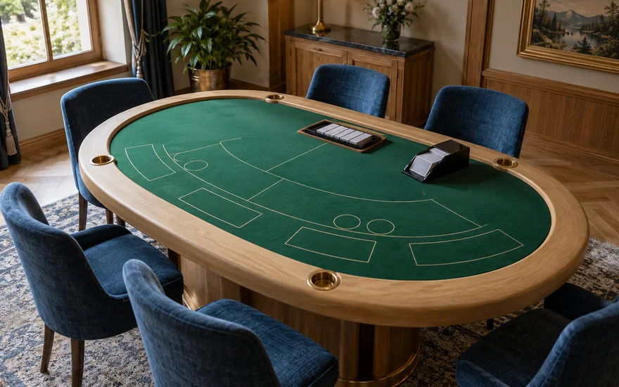 PlatinCasino Spiele: Leerer Kartenspieltisch mit Kartenschuh und geordneten Spielkarten.
