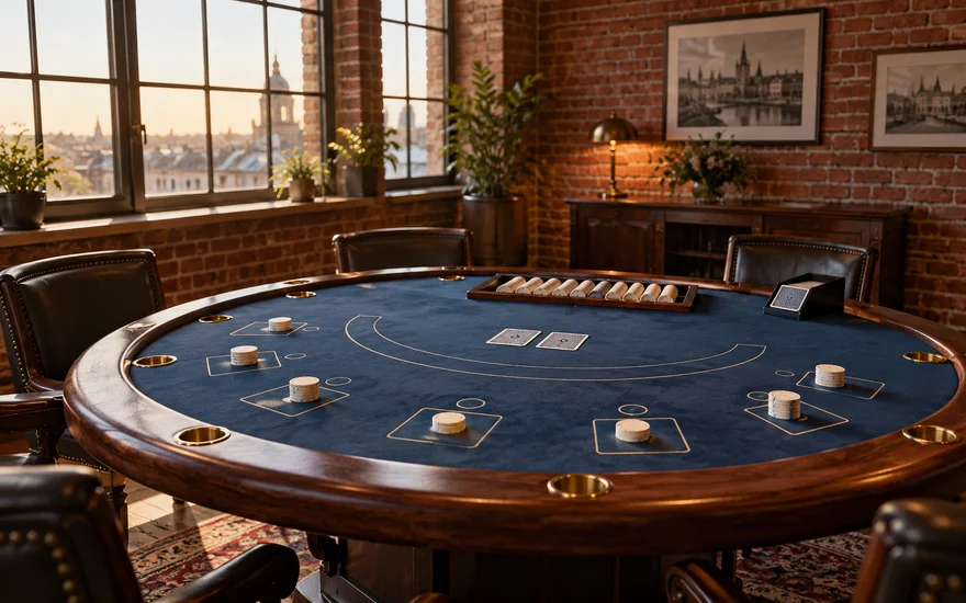 PlatinCasino Spiele: Leeres Blackjackfeld mit verdeckten Karten und hellen Jetons.