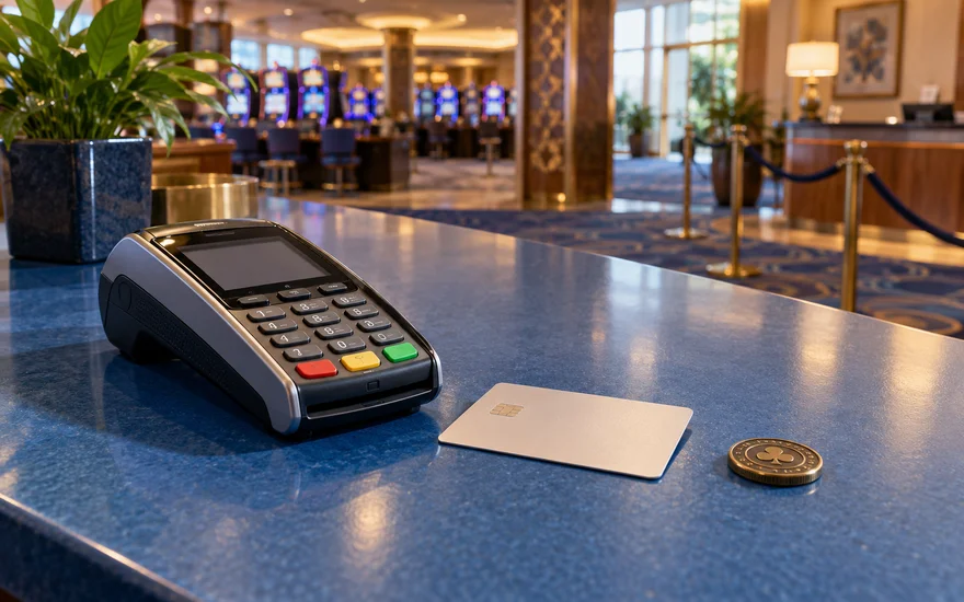 PlatinCasino Einzahlung: Kartenterminal, unbedruckte Bankkarte und Jeton auf einer fiktiven Kassentheke.