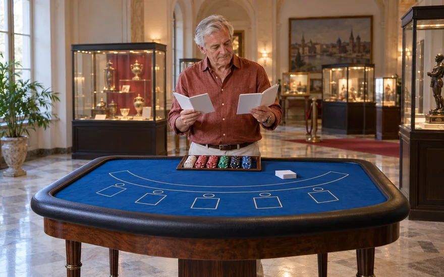 PlatinCasino Erfahrungen: Erwachsener Mann vergleicht Regelhefte an einem Blackjacktisch mit Karten und Jetons.