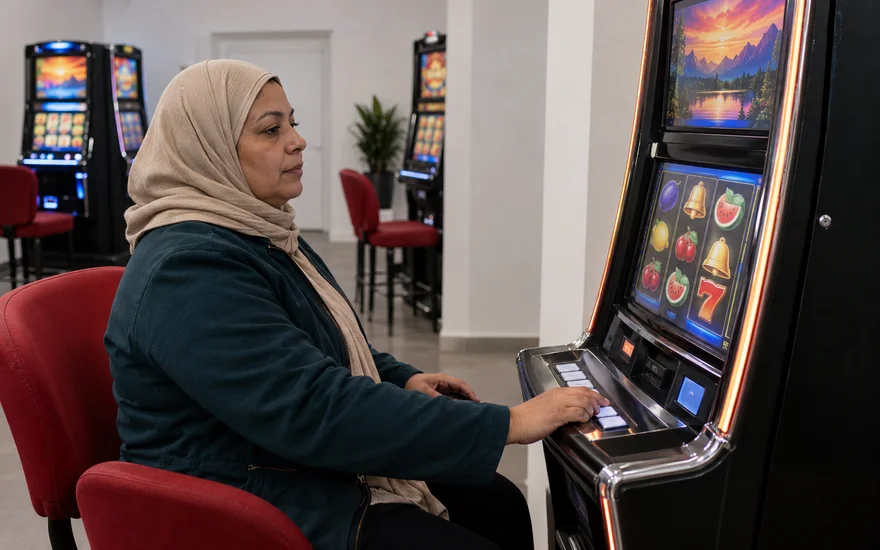 PlatinCasino Freispiele: Erwachsene Besucherin vor einem Spielautomaten in einer fiktiven Spielhalle.