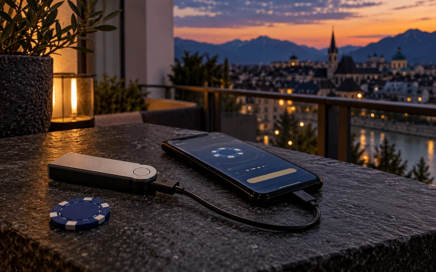 PlatinCasino Krypto: Hardware-Wallet, verbundenes Telefon und Casinojeton auf einer dunklen Balkonablage.