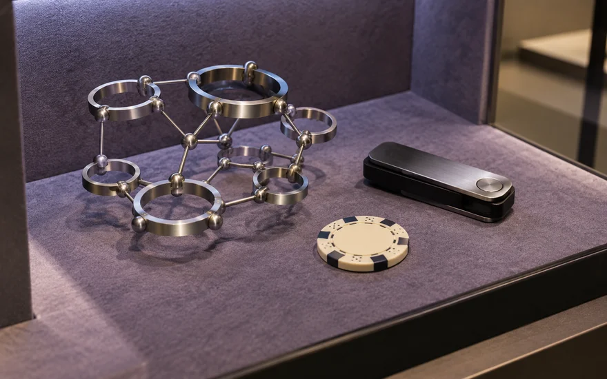 PlatinCasino Krypto: Metallmodell eines Netzwerks neben einem Hardware-Wallet und einem Spielchip.