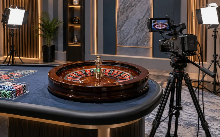 PlatinCasino Live Casino: Roulettekessel und Studiokamera in einer fiktiven Aufnahmeszene.