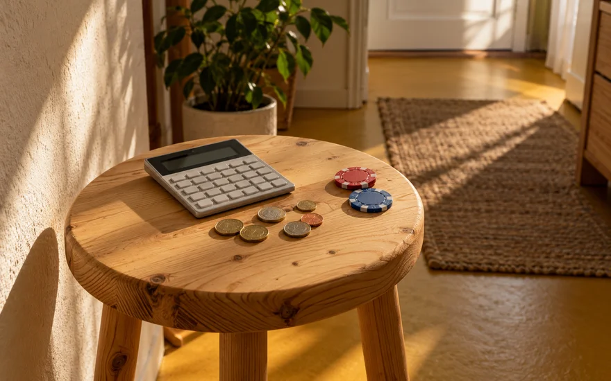 PlatinCasino Mindesteinzahlung: Münzen, Taschenrechner und Spielchips auf einem kleinen Holztisch.