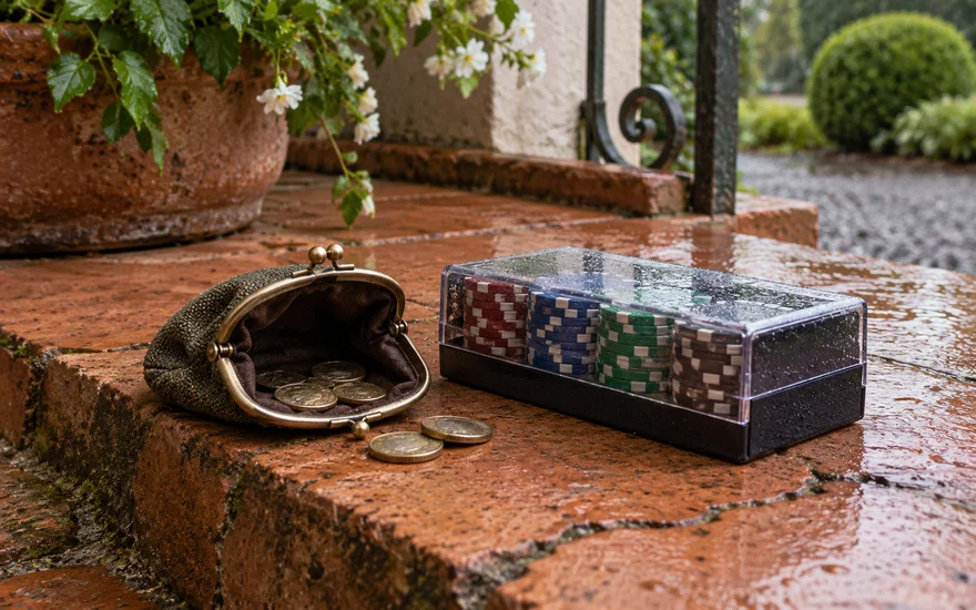 PlatinCasino Mindesteinzahlung: Geöffneter Münzbeutel neben einer geschlossenen Spielchipbox.