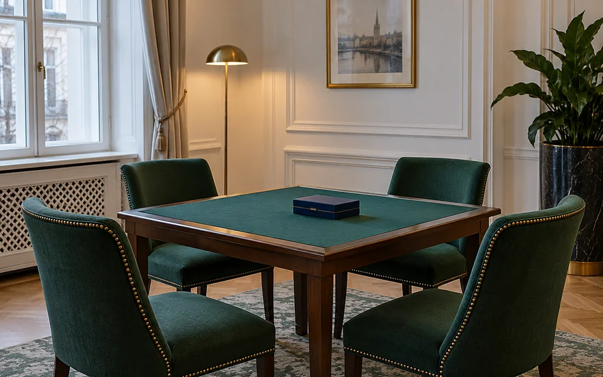 PlatinCasino PlatinClub: Leerer Kartentisch mit vier grünen Stühlen und einer geschlossenen Kartenbox.