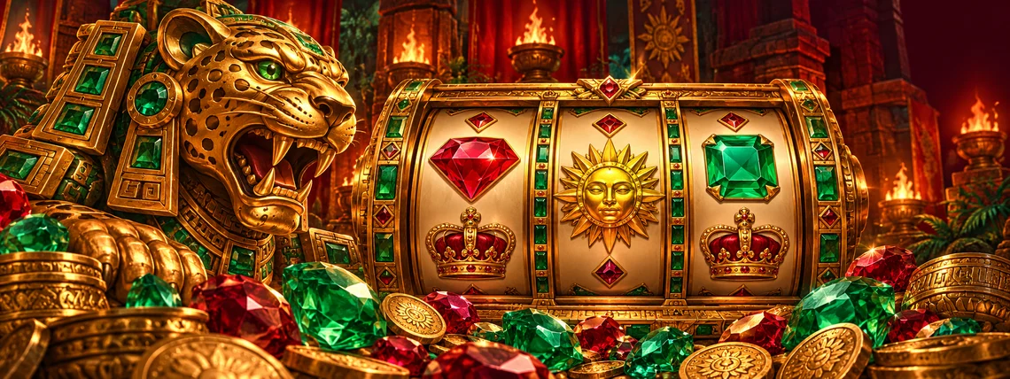 Eigene Slotillustration mit goldenem Jaguar, Spielwalzen, Rubinen und Smaragden