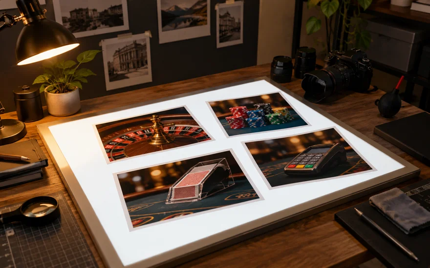 PlatinCasino Methodik: Kontaktabzug mit Casino-Objektmotiven auf einem beleuchteten Fototisch.