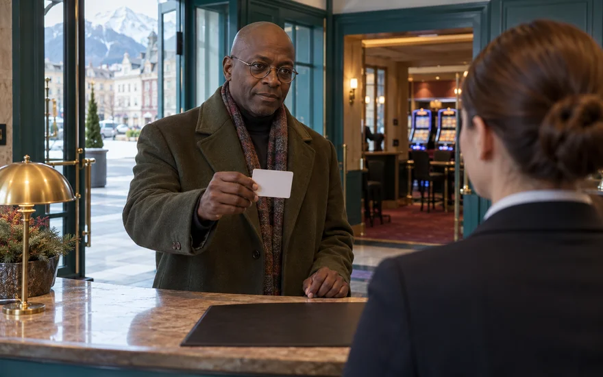 PlatinCasino Registrierung: Erwachsener Besucher zeigt eine unlesbare Identitätskarte an einer fiktiven Rezeption.