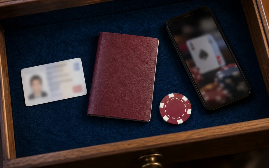 PlatinCasino Registrierung: Unlesbare Identitätskarte, geschlossenes Heft, Telefon und Jeton in einer Schublade.