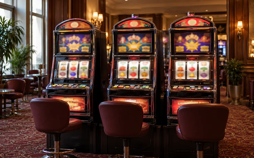PlatinCasino Spielautomaten: Drei Spielautomaten nebeneinander in einem fiktiven Spielraum.