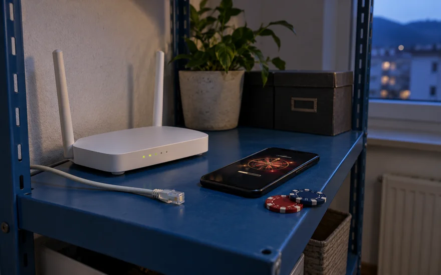 PlatinCasino Störung: Router, loses Netzwerkkabel und Telefon neben zwei Spielchips.