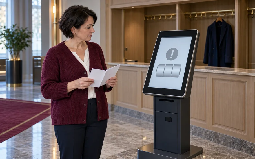 PlatinCasino Störung: Erwachsene Frau liest einen Hilfezettel neben einem Kiosk mit Störungssymbol.