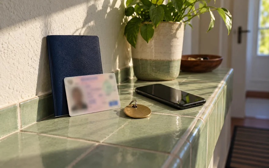 PlatinCasino Verifizierung: Unlesbare Identitätskarte, geschlossenes Heft und Telefon neben einer Garderobenmarke.
